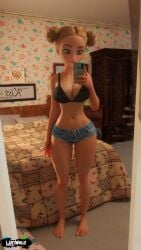 1girls 3d barefoot bedroom black_bra blonde_hair blue_eyes bra cleavage denim_shorts holding_smartphone indoors large_breasts mirror mirror_selfie shorts slender_waist solo taking_selfie twin_buns ugaromix wide_hips