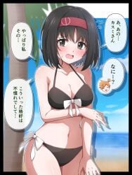 arm_under_breasts ass_visible_through_thighs bare_arms bare_belly bare_shoulders bare_thighs beach belly_button bikini black_bikini black_hair blush bow breasts cleavage embarrassed erika_(pokemon) hairband halterneck medium_breasts open_mouth pokemon pokemon_frlg red_hairband sand shabana_may short_hair speech_bubble string_bikini thighs