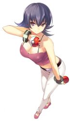 1girls bare_shoulders big_breasts cleavage covered_erect_nipples creatures_(company) eyebrows female full_body game_freak gym_leader hair_between_eyes holding holding_poke_ball jpeg_artifacts long_hair looking_at_viewer nintendo pants poke_ball pokemon purple_hair red_eyes sabrina_(pokemon) smile standing white_pants