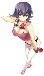 1girls bare_shoulders big_breasts cleavage covered_erect_nipples creatures_(company) eyebrows female flats full_body game_freak gym_leader hair_between_eyes holding holding_poke_ball jpeg_artifacts long_hair looking_at_viewer nintendo pants poke_ball pokemon purple_hair red_eyes sabrina_(pokemon) sabrina_(pokemon_hgss) smile standing white_pants