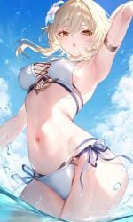 1girls ai ai_generated arm_behind_head bikini blonde_hair clouds day female female_focus female_only flower flower_in_hair front_view genshin_impact hoyoverse light-skinned_female light_skin looking_at_viewer lumine_(genshin_impact) ocean poyon_na short_hair sky standing standing_in_water summer swimsuit thong thong_bikini two_piece_swimsuit water white_bikini yellow_eyes