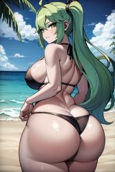 ai_generated ass back beach bikini black_bikini blue_sky clouds dumptruck_ass female green_eyes green_hair large_ass large_breasts looking_back original_character palm_tree self_upload twintails water yodayo zely