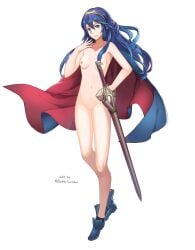 1girls armpits bare_arms bare_legs bare_midriff bare_shoulders bettercommsoul blue_eyes blue_hair boots breasts cape collarbone completely_nude edit falchion_(fire_emblem) female female_only fire_emblem fire_emblem_awakening fire_emblem_heroes full_body hair_between_eyes legs long_hair looking_at_viewer lucina_(fire_emblem) midriff naked_boots naked_cape nintendo nipples nude nude_female nude_filter pussy shoulders small_breasts smile solo sword symbol-shaped_pupils tiara weapon white_background