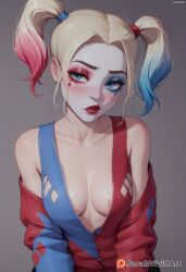 1girls ai_generated areola_slip blonde_hair blue_highlights blush blushed bored cleavage colored_hair dc dc_comics dyed_hair face_paint facepaint female female_focus harley_quinn looking_away makeup off_shoulder open_shirt petite_body pink_highlights sarahvividart seductive short_hair sideboob small_breasts solo solo_focus twintails unimpressed unzipped white_face