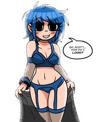 1girls armwear black_eyes black_nails blue_hair blue_underwear blush brown_armwear brown_legwear darkwolfhybrid eyeshadow female garter_belt garter_straps legwear nail_polish presenting ramona_flowers scott_pilgrim short_hair solo solo_female stockings thighhighs underwear