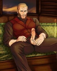 arthur_morgan balls bara barazoku beard big_pecs big_penis blonde_hair brown_beard clothed clothing daddy dilf evening facial_hair gay ghostgocensorme green_eyes indoors large_pectorals light_skin male male_only mutton_chops pecs pectoral_bulge pectorals presenting_penis red_dead_redemption_(series) red_dead_redemption_2 seductive seductive_eyes seductive_look seductive_mouth seductive_smile sitting solo solo_focus solo_male testicles uncircumcised uncut window