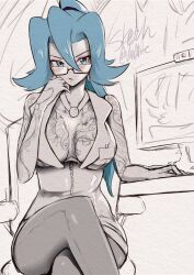 artist_request blue_eyes blue_hair clair_(pokemon) clothed desk pokemon pokemon_gsc pokemon_masters pokemon_trainer ponytail safe_for_work straight tagme tattoo