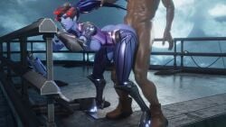 1boy 1girls 3d 3d_(artwork) areolae ass bewyx blizzard_entertainment boots breasts dark-skinned_male dark_skin doggy_style faceless_male female hair_pulling hi_res high_resolution highres interracial large_ass male nipples overwatch overwatch_2 pleasure_face purple_hair railing sex skinsuit standing_doggy_style vaginal_penetration wide_hips widowmaker