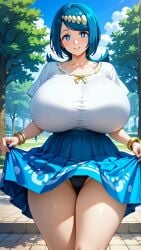 2024 ai_generated big_breasts blue_eyes blue_hair breasts cleavage_cutout clouds female heavy_breasts huge_breasts irls jiuyang-hsien lana's_mother_(pokemon) large_breasts light-skinned_female light_skin long_hair massive_breasts mature_female milf nintendo panties pokemon pokemon_(anime) pokemon_sm sky solo