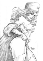 1girls black_and_white breasts curvy curvy_female curvy_figure ed_benes_studio emma_frost female female_only fur_hat hellfire_club hourglass_figure large_breasts marcio_fernandes marvel marvel_comics panties pulling_panties_up thong_panties white_queen wide_hips x-men