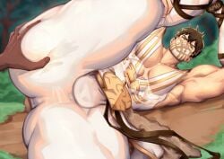 1boy abs armpits arms_up artist_name ass bara biceps brown_hair bulge covered_testicles eikthyrnir_(fire_emblem) english_commentary fire_emblem fire_emblem_heroes hand_on_another's_ass highres kimakkun leg_lift lying male_focus muscular muscular_male on_ground on_side pectoral_cleavage pectorals signature yaoi