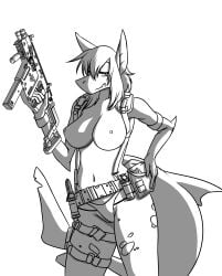 absurd_res anthro anthro_only belt breasts casual clothed clothing explosives female firearm fish grenade gun hi_res holding_gun holding_object holding_ranged_weapon holding_weapon holster knife marine nipples panties ranged_weapon saintversa shark solo tactical_nudity topless topless_female underwear weapon