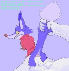 all_fours anal anal_sex ben_10 blue_fur bottomless canine clothed clothing doggy_style fox from_behind_position fur human interspecies male mammal mej penetration penis sex shirt tail_grab tears teeth text toony translated xingo yaoi yellow_eyes