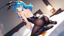 1female 1girls ai_generated ass bangs bed bedroom blue_hair breasts bunny_ears bunny_girl bunnysuit commentary_request english_commentary female female_only hi_res highres horn lum medium_breasts multicolored_hair normal_breasts solo solo_female tagme urusei_yatsura very_high_resolution wariza