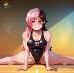 ai_generated brown_eyes brown_hair cameltoe heterochromia jlullaby_(style) leotard long_hair multicolored_hair neo_(rwby) pink_eyes pink_hair rwby splits splits_position sweat sweating sweaty tagme thick_thighs twistedpeach two_tone_hair yoga