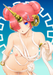 1girls bandages blue_eyes blush bracelet breasts breasts_out detached_sleeve double_bun fate/grand_order fate_(series) female frankenstein_(fate) frankenstein_(swimsuit_saber) hair_ornament hair_over_one_eye hairclip highres horn jewelry looking_at_viewer navel nipples pink_hair short_hair small_breasts solo tomatto_(@ma!)