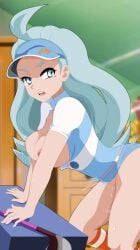 1girls artist_request breasts edit edited elite_four female human kahili_(pokemon) light_blue_hair nintendo pokemon pokemon_sm silver_hair tagme