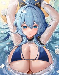 absurdres arms_up bikini blue_bikini blue_hair blush breasts cleavage female flower goddess_of_victory:_nikke hair_between_eyes hair_intakes hair_spread_out helm_(aqua_marine)_(nikke) helm_(nikke) highres large_breasts long_hair lying official_alternate_costume on_back partially_unbuttoned rose see-through see-through_shirt shirt solo somyo_(s0my0) swimsuit upper_body v-shaped_eyebrows very_long_hair wet wet_clothes wet_shirt white_flower white_petals white_rose white_shirt