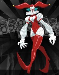 big_breasts blue_hair bodysuit breasts clown clown_girl clown_makeup clown_nose demon demon_girl female fishnet_legwear fully_clothed furcifur gloved_hands grey_skin horror_(theme) latex pale_skin scary sharp_teeth thick_thighs wide_hips