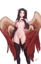 arm_at_side artist_name ass_visible_through_thighs black_gloves black_hair black_thighhighs breasts bridal_gauntlets cleft_of_venus commentary elbow_gloves english_commentary feathered_wings feet_out_of_frame female gloves hand_on_own_chest highres light_smile long_hair navel nipples nude original personalami pointy_ears pussy red_eyes signature simple_background small_breasts solo standing thighhighs uncensored white_background wings