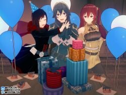 3d 3girls arm_around_shoulders balloon birthday black_hair breasts cake closed_eyes dress fefreak726 female female_only fingerless_gloves fire_emblem fire_emblem_awakening food gift gloves hand_on_another's_shoulder hat hug indoors long_hair lucina_(fire_emblem) medium_breasts multicolored_hair multiple_girls nintendo open_mouth pantyhose red_eyes red_hair ruby_rose rwby severa_(fire_emblem) short_hair small_breasts smile symbol-shaped_pupils tiara twintails very_long_hair yuri