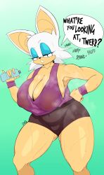 absurd_res anthro big_breasts bodily_fluids breasts clothing duq female hi_res rouge_the_bat sega solo sonic_(series) sonic_the_hedgehog_(series) sweat thick_thighs translucent translucent_clothing