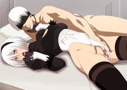 bed blue_eyes breasts female fingering game_cg leotard lime_(purple_haze) lying moaning nier nier:_automata nude on_bed partially_visible_vulva pussy pussy_juice shiny_skin short_hair silver_hair smile straight sweat thong_leotard yorha_2b yorha_9s