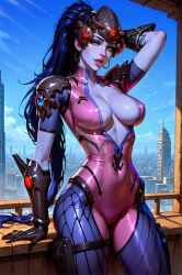 ai_generated big_breasts blue_hair long_hair naughtygirlsai overwatch overwatch_2 overweight_female ponytail widowmaker yellow_eyes