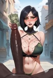 1boy 1girls absurdly_large_cock ai_generated big_breasts dark-skinned_male fishnets money_under_clothes prostitution thong valorant viper_(valorant) wide_hips