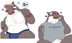 ! alcohol anthro band-aid bandage barely_visible_genitalia beverage blush bottomless bracelet bulge can casual_nudity cetacean closed_eyes clothed clothing english_text excited fin flaccid flower grey_skin happy hat holding_object humanoid_penis jewelry kemono male male_only mammal marine multicolored_skin multiple_images muscular muscular_male navel open_mouth orca partially_clothed penis pictographics plant pose sake sheeporwolf shirt simple_background solo speech_bubble speedo standing stocky subtle_penis swimsuit teeth text topless two_tone_skin whale white_background white_skin