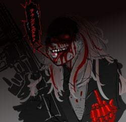 ar-15 black_jacket blood blood_on_face blood_splatter dark female girls'_frontline gore grey_background gun highres holding holding_eyeball holding_gun holding_weapon jacket long_hair m4_sopmod_ii_(girls'_frontline) mechanical_hands middle_finger pink_hair red_eyes rifle sharp_teeth shishitou_(tougarashikarai) single_mechanical_hand teeth tongue tongue_out weapon