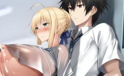 absurdly_large_breasts anos_voldigoad areolae artoria_pendragon artoria_pendragon_(fate) black_hair blonde_female blonde_hair blush blushing blushing_female cowlick demon fair_skin fate/stay_night fate_(series) green_eyes hair_ribbon implied_pregnancy lactating lactating_nipples lactation lactation_through_clothes large_breasts maou_gakuin_no_futekigousha red_eyes student student_life student_uniform sweat sweating wet_body wet_clothes wet_clothing wet_skin white_shirt