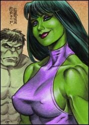 1boy 1girls big_breasts breasts erect_nipples female female_focus green_skin hulk hulk_(series) joseph_michael_linsner male marvel nipple_bulge nipples she-hulk