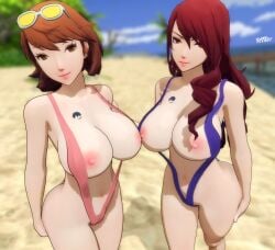 atlus big_breasts big_butt breasts htr18 mitsuru_kirijo persona_3 slingshot_swimsuit smile tagme tattoo yukari_takeba