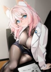 :3 animal_ear_fluff animal_ears black_legwear blue_eyes blurry blurry_foreground blush breasts cat_ears closed_mouth eyebrows_visible_through_hair female fox_ears hair_between_eyes jacket large_breasts long_hair looking_at_viewer pantyhose pink_hair shorts sitting smile solo virtual_youtuber vyugen yuniiho_(character)