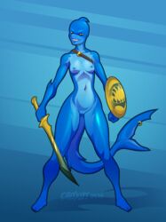 2015 4_toes amber_eyes anthro bald blue_background blue_nipples blue_scales blue_shark breasts claws croxot eyebrows female fin fish full-length_portrait furgonomics furry-specific_piercing gills hairless head_fin holding_object holding_weapon marine melee_weapon multicolored_scales navel navel_piercing nipples non-mammal_breasts nude piercing portrait pussy sash scales shark sharp_teeth shield simple_background small_breasts smile solo standing sword tail_fin tail_piercing teeth toe_claws toes two_tone_scales weapon wide_hips