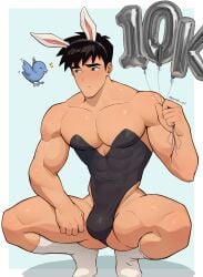 1boy amtb_art artist_name bara bird black_hair blue_background blush bulge closed_mouth covered_abs fake_animal_ears full_body hi_res highres holding holding_balloon holding_object leotard light_blue_background male male_focus male_only male_playboy_bunny milestone_celebration muscular muscular_male pectorals rabbit_ears short_hair socks solo solo_male squatting strapless_leotard twitter_username white_border