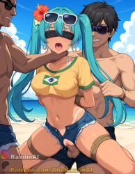 ai_generated blindfold blindfolded blue_hair bondage bound brazilian_miku denim_shorts earrings forced hatsune_miku male open_mouth penis pussy pussy_juice rape rasilinai restrained rope saliva stable_diffusion strangling tan tanline tongue twintails vocaloid