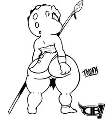 anthro ass big_butt black_and_white darkboss female kobold looking_back melee_weapon monochrome polearm pussy shortstack solo spear weapon