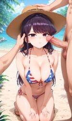 "artist:hellish228" american_flag_bikini big_breasts bikini black_hair erection hand_on_head holding_hair imminent_sex kneeling komi-san_wa_komyushou_desu komi_can't_communicate komi_shouko multiple_boys on_knees penis penis_on_face pink_eyes serious_face straw_hat submissive submissive_female thick_thighs