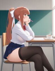 1girls ai_generated crossed_legs green_eyes large_breasts light-skinned_female monika_(doki_doki_literature_club) ribbon school_uniform side_view skirt teacup thighhighs