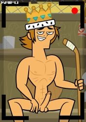 being_recorded blonde_hair crown erection green_eyes hockey_stick kaifu large_penis male male_only muscular_male naked_male on_camera sitting smiling_at_viewer total_drama_island total_drama_island_(2023) wayne_(tdi)