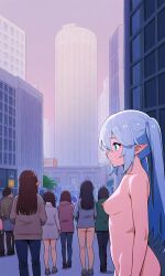 ai_generated city cityscape completely_naked completely_naked_female completely_nude completely_nude_female elf elf_female elf_girl exhibitionism exhibitionist female female_focus long_hair naked naked_female nudaveritas nudism nudist public public_exposure public_nudity streets