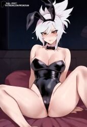 ai_generated amber_eyes bare_legs black_leotard brown_eyes bunny_ears embarrassed heart league_of_legends leaning_back leotard looking_at_viewer medium_breasts patreon playboy_bunny primosan pussy_juice riven short_hair sitting spread_legs white_hair