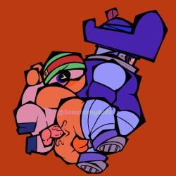 anthro barrel cartoony darryl_(brawl_stars) flustered gay gay_sex hank_(brawl_stars) robot sex shrimp simple_background small_dom_big_sub somehornydud3 tagme