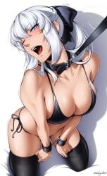 1girls animal_collar bikini black_bikini black_bow black_thighhighs blue_eyes blue_nails blush bottom bow braid breasts cleavage collar cuffs fate/grand_order fate_(series) female grey_hair hairbow half-closed_eye half_up_braid kneeling large_breasts leash leash_pull long_hair looking_at_viewer morgan_le_fay_(fate) nail_polish nose one_eye_closed open_mouth ponytail side-tie_bikini sidelocks solo swimsuit thighhighs very_long_hair viewer_holding_leash zealyush