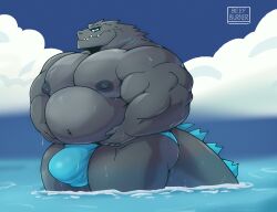 2024 anthro areola barazoku beefburner belly biceps big_belly big_biceps big_bulge big_muscles big_pecs bulge clothed clothing cloud day dripping flaccid godzilla godzilla_(series) hi_res huge_belly huge_bulge huge_muscles kaiju looking_at_viewer male male_only monster musclegut muscular muscular_anthro muscular_male navel nipples non-mammal_nipples outside overweight overweight_anthro overweight_male partially_submerged pecs reptile scales scalie sky smile solo solo_male speedo standing swimwear teeth thick_arms thick_thighs toho topless topless_anthro topless_male triceps water watermark wet wet_body