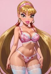 1girls 4kids_entertainment ai_generated big_breasts bimbo bimbo_lips blonde_hair bra bratz bratzification brown_eyes civitai earrings headband lingerie long_hair looking_at_viewer medium_breasts nickelodeon panties pink_lingerie pink_lips princess_stella rainbow_(animation_studio) ribbons stella stella_(winx_club) stockings thighhighs twintails very_long_hair wide_hips winx_club