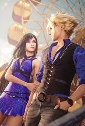 3d 3d_(artwork) amusement_park artist_name belt black_hair blonde_hair blue_dress button_down_shirt cloud_strife couple couple_(romantic) date dress earrings fair ferris_wheel final_fantasy final_fantasy_vii final_fantasy_vii_remake fit_female handholding handsome handsome_man highres holding_hands jeans long_hair red_eyes short_hair sreliata_(artist) tifa_lockhart toned vest watch