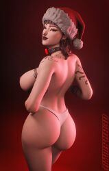 1girls 3d ass big_ass big_breasts breasts brown_hair choker female_only fortnite fortnite:_battle_royale lipstick long_hair looking_back makeup panties phaedra_(fortnite) rympha3d santa_hat simple_background solo solo_female tagme tattoo